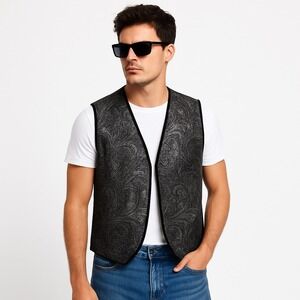 Temptation Vest Mens Large Black Silver Paisley‎ Sparkle Brocade Glam Statement
